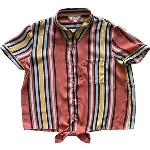 Pink Rose Striped Tie Front Blouse Medium Coral Blue Yellow Button Up Crop Top